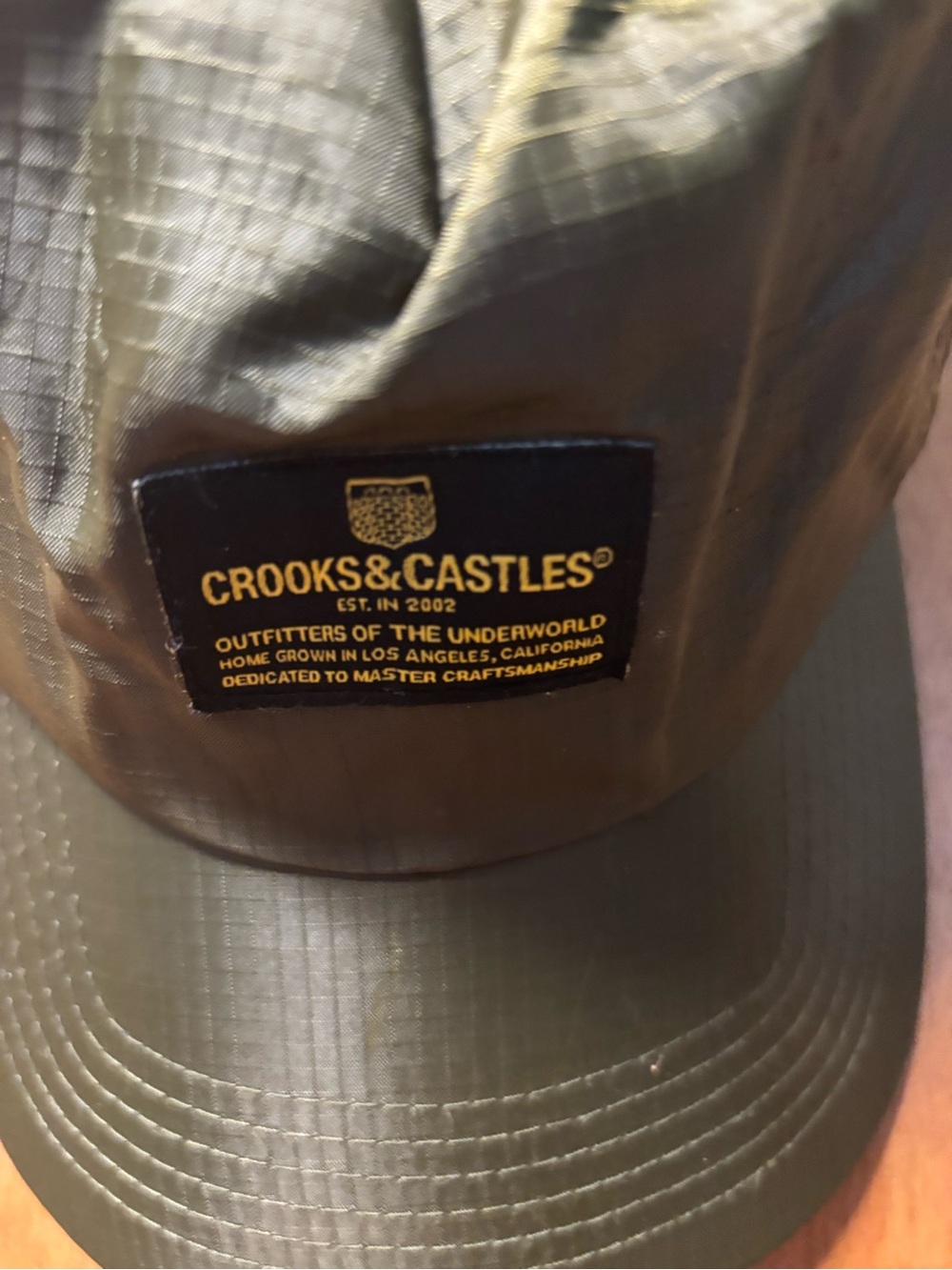 Crooks & Castles Olive Green Nylon Snapback Hat with Black/Gold Patch